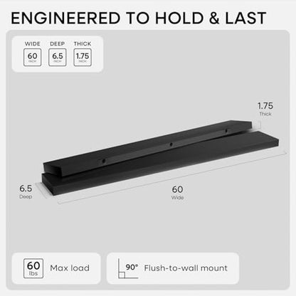 Floating Black Shelf 60 inch, High End Solid Real Wood 60 inches Long Floating Shelves for Wall, Black Wooden 60inch Large Floating Shelves, Heavy Duty Bracket, 60 X 6.5 X 1.75 in, Set of 2 - color: Modern Black - Rich Neutral Satin, size: 60 inch