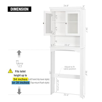 Spirich Over the Toilet Storage Cabinet with Tempered Glass Doors, White | Adjustable Shelf, Frosted Tempered Glass, Anti-Tip Fitting, 33-Inch Clearance for Standard Toilets, Bathroom Space Saver