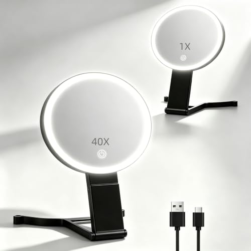 40X/1X Makeup Magnifying Mirror with Lights, 6inch Double-Sided LED Makeup Mirror, Desktop 1X/40X Travel Magnifying Mirror, 3 Color Dimmable Lights, 2000mAh Rechargeable Battery, 3 Ways to Use