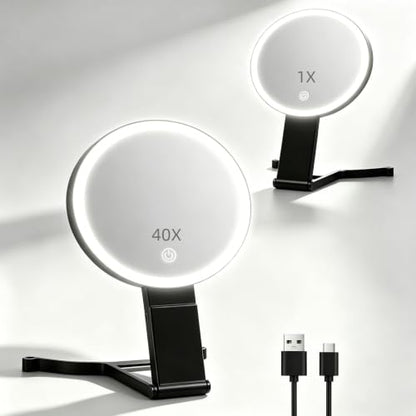 40X/1X Makeup Magnifying Mirror with Lights, 6inch Double-Sided LED Makeup Mirror, Desktop 1X/40X Travel Magnifying Mirror, 3 Color Dimmable Lights, 2000mAh Rechargeable Battery, 3 Ways to Use