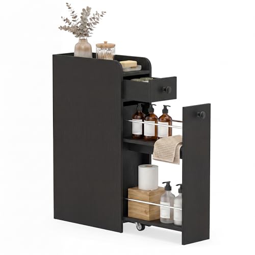 COSTWAY Slim Bathroom Cabinet, Freestanding Narrow Organizer, Black | 7" Wide Space-Saving Storage with 2-Tier Slide-Out Drawer, Shelf & Toilet Paper Holder, for Bathroom, Laundry & Small Spaces - color: Black