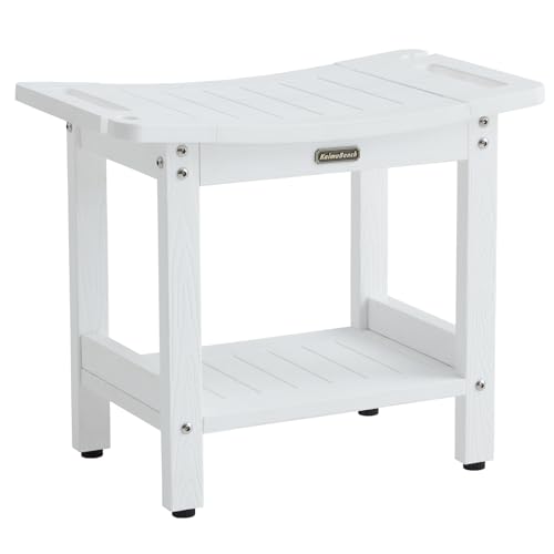 KaimuBench HDPS Curved Shower Bench Waterproof Bath Stool with Storage | Poly Shower Stool for Shaving Legs, Handles & Shower Head Holder, Adjustable Feet for Inside Shower, Non-Slip, Anti-Rotting - color: White