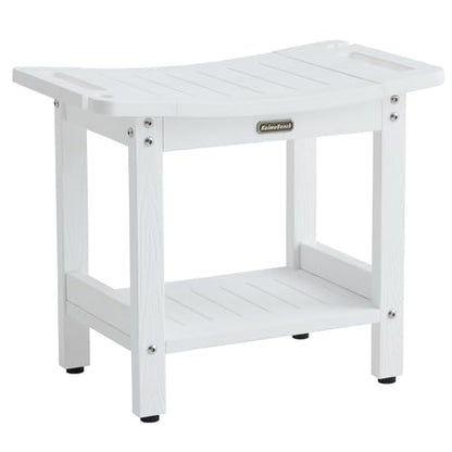 KaimuBench HDPS Curved Shower Bench Waterproof Bath Stool with Storage | Poly Shower Stool for Shaving Legs, Handles & Shower Head Holder, Adjustable Feet for Inside Shower, Non-Slip, Anti-Rotting - color: White