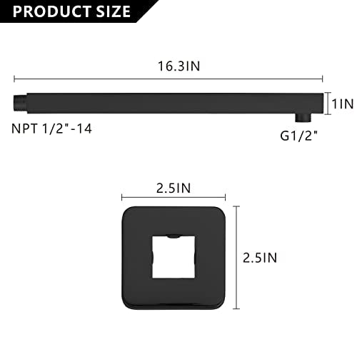 Voolan 16" Square Shower Arm with Flange and Teflon Tape, Extension Shower Head Arm for Bathroom Fixed Shower Head, Solid Stainless Steel, Wall Mounted (Matte Black) - color: Matte Black, style: 16 Inch