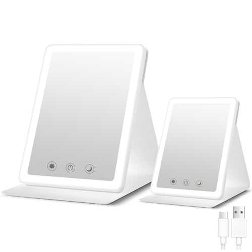 (2 Pack) 2026 Rechargeable Travel Makeup Vanity Mirror with 72 Led Lights,Portable Lighted Beauty Mirror,3 Color Lighting,Dimmable Touch Screen,Tabletop LED Folding Cosmetic Vanity Mirror Desk Table - color: White Mix 2p