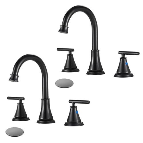 Black 8 Inch Widespread Bathroom Sink Faucet 3 Hole,2-Pack Bathroom Vanity Faucet with Metal Pop-up Drain Assembly, 2 Handle Basin Supply Hoses - color: Matte Black