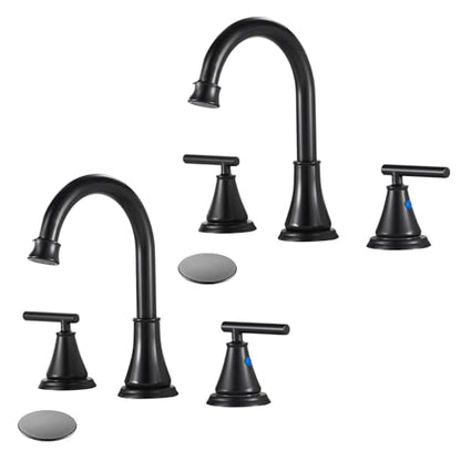 Black 8 Inch Widespread Bathroom Sink Faucet 3 Hole,2-Pack Bathroom Vanity Faucet with Metal Pop-up Drain Assembly, 2 Handle Basin Supply Hoses - color: Matte Black