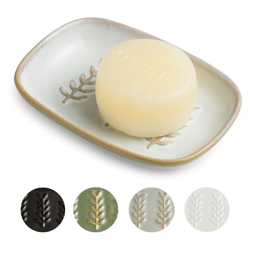 Miamolo Soap Dish Bar Cleaner Dish for Shower, Ceramic Soap Dishes for Large Soap Bar Shampoo or Sponge, Shower Soap Dish Soap Saver Tray for Bathroom Kitchen Sink, Easy to Clean - color: Beige, size: Leaf Design