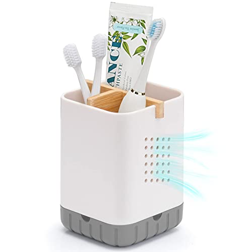 Boperzi Toothbrush and Toothpaste Holder with Bamboo Divider for Bathroom Countertop Organizer, Plastic Detachable Anti-Slip Large Electric Toothbrush Holders Storage Caddy Drainage for Family, Kids - color: White&gray