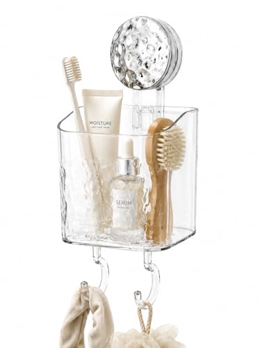 HOME&I Clear Suction Cup Toothbrush Holder for Shower Wall, Twist-to-Lock Drill-Free Bathroom Organizer with 2 Hooks, Self-Draining Wall Storage for Toothpaste, Razor & Accessories - size: 1 Pack / Clear