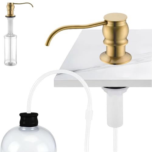 Built in Deck Mount Liquid Lotion Kitchen Countertop Metal Soap Dispenser, Brushed Gold Brass Dispenser Pump with 47.2" Silicone Long Tube for 0.79 "- 1.38" High Capacity Bottle Mouths - color: Brushed Gold, size: With Hose
