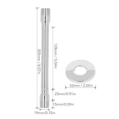 8.07in Flexible Shower Arm with Flange, Stainless Steel Flexible Shower Head Extension, Adjustable Length Swiveling Shower Arm for Hotels, Gyms, Home Bathrooms