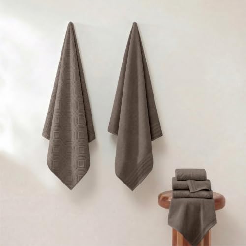 Modern Threads 6 Piece Cotton Bath Towel Set – Ultra Soft 550 GSM Towels – Bathroom Set with Hand Towels and Washcloths – Geometric (Classic Taupe) - color: Classic Taupe, style: Geometric
