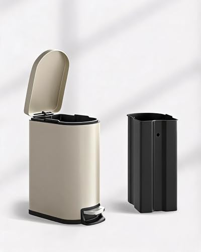 IDEALHOUSE 2.6 Gallon/10L Slim Bathroom Trash Can with Lid, Beige | Stainless Steel Garbage Can for Bathroom, Small Narrow Step-on Metal Trash Bin with Removable Inner Bucket, Soft Close - color: Beige-10L