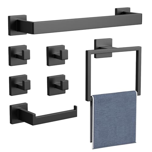 7-Pieces Matte Black Bathroom Hardware Accessories Set, SUS304 Stainless Steel, 16 Inch Bath Towel Bar Set, Towel Holder, Towel Racks for Bathroom Wall Mounted - color: Matte Black-7pcs