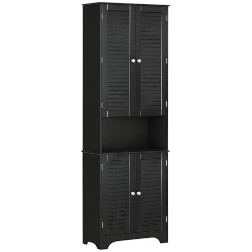 HOMCOM Tall Narrow Bathroom Storage Cabinet with Doors and Shelves, Black | Shelf Adjustability, Freestanding, Linen Cabinet - color: Black