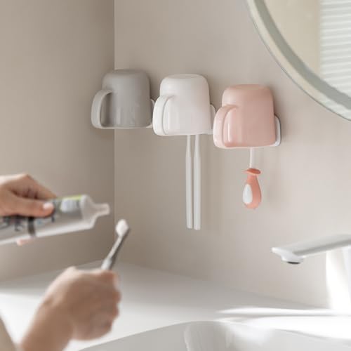 2PCS Wall Mounted Toothbrush Holder, Adhesive 2-Slot Toothbrush Organizer with Cup Hook No-Drill Bathroom Organizer for Toothbrushes, Mouthwash Cup - Self-Sticky Seamless Storage Rack (White)