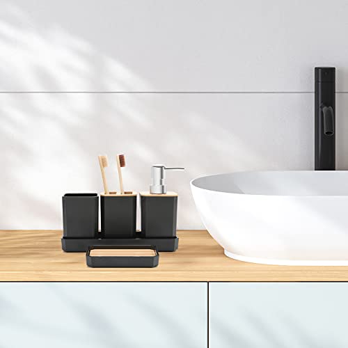 FEILANDUO Bathroom Accessories Set,5 Pcs Bathroom Accessory Gift Set, Soap Dispenser, Soap Dish, Toothbrush Holder, Toothbrush Cup, Vanity Tray, Boho, Modern Bathroom Decor (Black) - style: Black