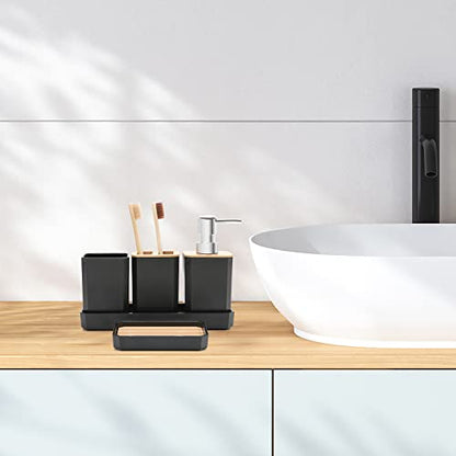 FEILANDUO Bathroom Accessories Set,5 Pcs Bathroom Accessory Gift Set, Soap Dispenser, Soap Dish, Toothbrush Holder, Toothbrush Cup, Vanity Tray, Boho, Modern Bathroom Decor (Black) - style: Black