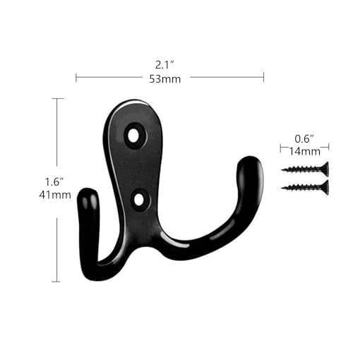 2 Pcs Double Prong Robe Hooks, Dual Coat Hooks Wall Mounted Hanging Clothes for Bathroom Bedroom Door Wall Retro Metal Cloth Hanger Double Coat Hooks with 4 Screws (Black) - color: Black