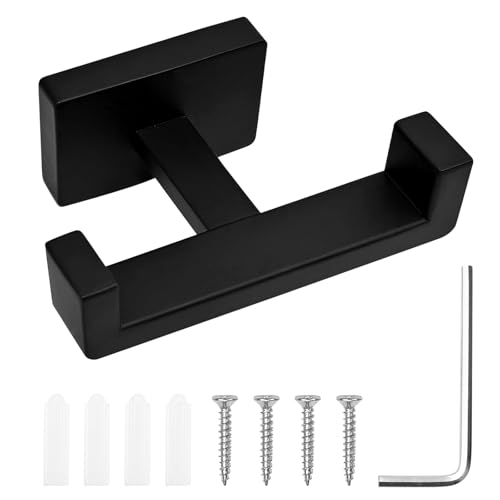 Double Towel Hook, Wall Mount, Matte Black | 304 Stainless Steel, Rust-Resistant, 2-Prong, 2.76" Hook Depth, for Bathroom/Kitchen/Pool, Rectangular Grip Prevents Slipping