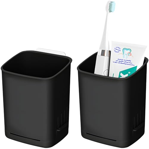 2 Pack Wall Mounted Toothbrush Holders，Removable Drill-Free Wall Shower Holder for Toothbrush,Toothpaste, Razor, Self-draining Self Adhesive Cup in Shower, Kitchen Tableware Organizer (Black - color: Black-2pcs