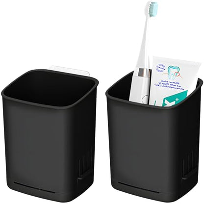 2 Pack Wall Mounted Toothbrush Holders，Removable Drill-Free Wall Shower Holder for Toothbrush,Toothpaste, Razor, Self-draining Self Adhesive Cup in Shower, Kitchen Tableware Organizer (Black - color: Black-2pcs