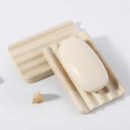 Koville 2PCS Travertine Soap Dishes for Shower, Marble Soap Dish Bar Soap Holder for Sink, Stone Soap Tray for Bathroom, Stripe Grooves Saver Keep Bars Dry Easy Clean - color: Travertine
