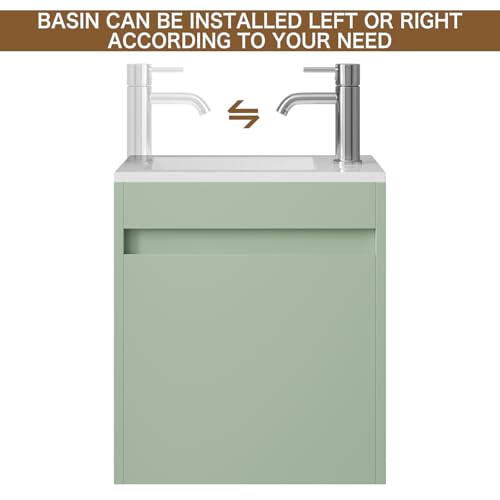 wonline 16" Small Floating Green Bathroom Vanity Sink Combo, Wall Mounted Narrow Single Cabinet with Resin Basin Sink Top, Water Saving Chrome Faucet & Pop-Up Drain - color: Green Linen