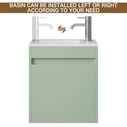 wonline 16" Small Floating Green Bathroom Vanity Sink Combo, Wall Mounted Narrow Single Cabinet with Resin Basin Sink Top, Water Saving Chrome Faucet & Pop-Up Drain - color: Green Linen