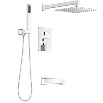 Lava Odoro Modern 3-Setting Square Shower and Tub Faucet Set with Shower Head and Handheld Sprayer Chrome, Rainfall Shower System with Tub Spout, Shower Valve Trim Kit, Chrome, SF103-C-T - color: Chrome, style: With Tub Spout