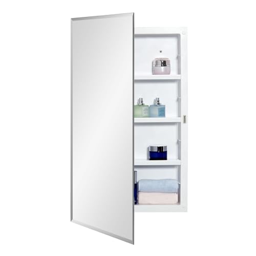 IDYLLOR Plastic Medicine Mirror Cabinet for Bathroom 18 x 28 inch, Surface and Recessed Mount - color: White, size: 18x28 inch Beveled Edge Mirror