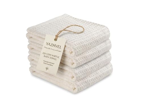 Bamboo Viscose Waffle Bath Towels - Pack of 4 - Ivory - 250 GSM – 100% Viscose Derived from Bamboo - Quick-Dry Waffle Weave - Spa & Gym Ready - Oeko-TEX Certified – Absorbent - Breathable - color: Ivory