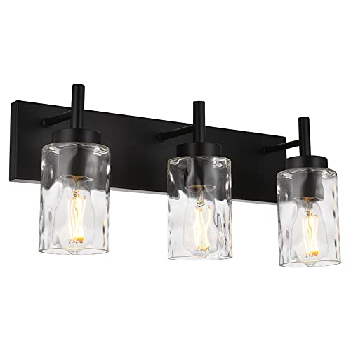BONLICHT Vanity Light Fixtures 3 Light Modern Wall Sconces Lighting Black Bathroom Lights Wall Mounted with Hammered Glass Shade,Farmhouse Wall Light for Mirror Cabinets, Powder Room, Dressing Table - color: Black, size: 3 Lights