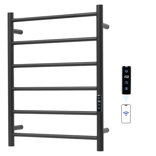 Electric Towel Rack with Voice Control for Alexa & Google Home,TUYA - Wall-Mounted Bathroom Heating Towel Warmer,Plug-in,Stainless Steel Material (Black with WiFi, 6 Bar)