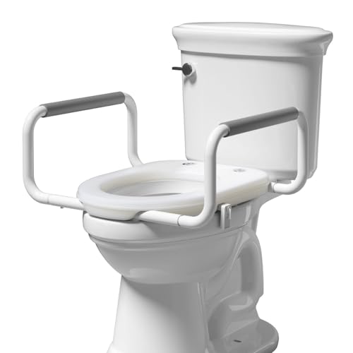 R&T 2" Toilet Seat Riser with Handles – Comfortable Raised Toilet Seat for Seniors, Fits for Elongated Toilets, Elevated Seat with Soft Grey Padded Arms for Bathroom - color: Gray