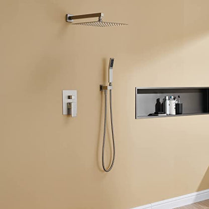 Rain Shower System 12 Inches Shower Combo Set Brushed Nickel Wall Mount Faucet Bathroom Faucets with Rainfall Shower Head and Hand Shower