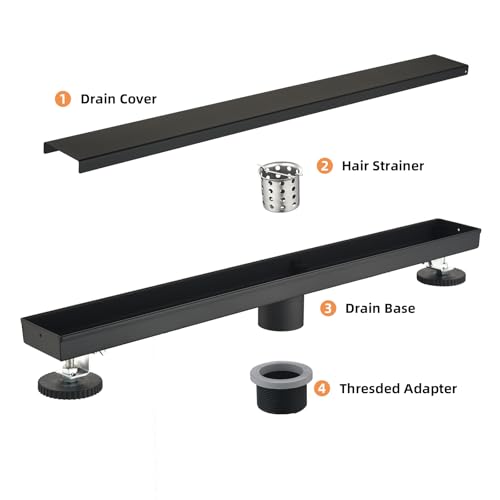 Linear Shower Drain ，with Tile Insert Panels ，18 Inch Black 304 Stainless Steel Rectangle Shower Floor Drain，with Hair Catcher, Adjustable Feet，Fits Bathroom, Balcony - color: Matte Black, size: 18inch