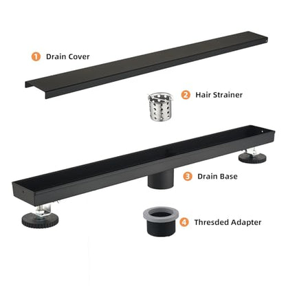 Linear Shower Drain ，with Tile Insert Panels ，18 Inch Black 304 Stainless Steel Rectangle Shower Floor Drain，with Hair Catcher, Adjustable Feet，Fits Bathroom, Balcony - color: Matte Black, size: 18inch