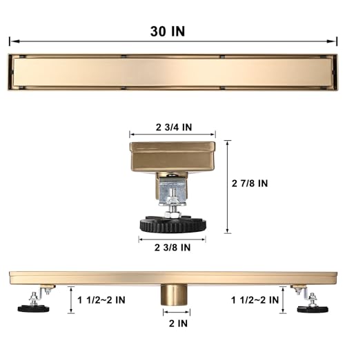 AVSIILE Linear Shower Floor Drain, Brushed Gold 30 Inch 304 Stainless Steel Bathroom Drains Kit, Rectangular Shower Trench Drain with Reversable Tile-in Pattern Drain Cover & Hair Catcher - color: Brushed Gold, size: 30 Inch