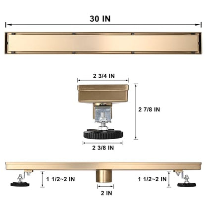 AVSIILE Linear Shower Floor Drain, Brushed Gold 30 Inch 304 Stainless Steel Bathroom Drains Kit, Rectangular Shower Trench Drain with Reversable Tile-in Pattern Drain Cover & Hair Catcher - color: Brushed Gold, size: 30 Inch