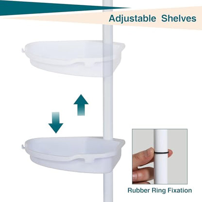 Corner Shower Caddy Tension Pole, 101.6''-122'', 4 Tier Shower Shelf, Rust Proof No Drilling Bathroom Organizer with Adjustable Trays, Plastic Bathtub Shelves Shamboo Holder, White
