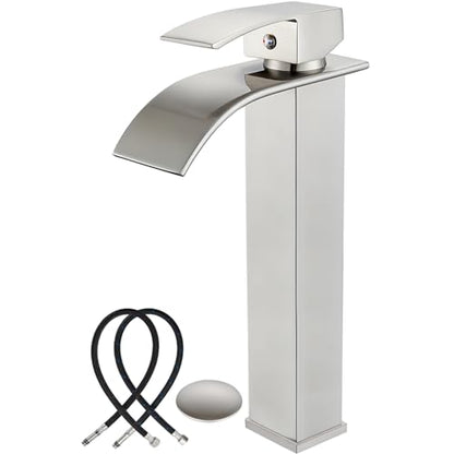Midanya Waterfall Tall Bathroom Vessel Sink Faucet,Brushed Nickel | with 24” cUPC Water Hoses,Pop Up Drain without Overflow,for 1 hole Vanity,RV,Lavatory,Bowl,Farmhouse,SUS304,Single Handle - color: Nickel