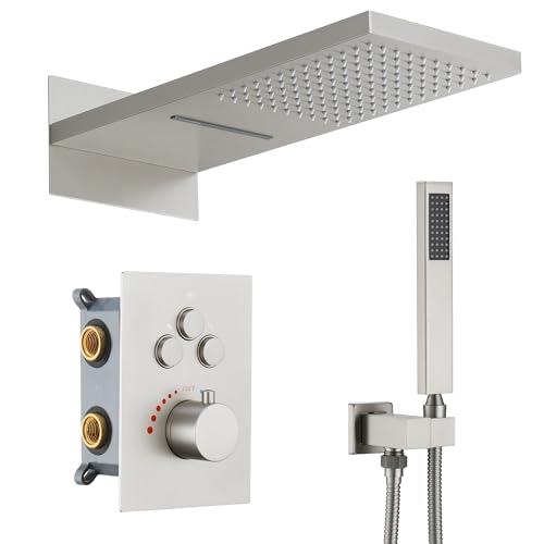Thermostatic Shower System, Waterfall Shower Head(Brushed Nickel) | 22-Inch Rain & Waterfall Large Shower Head, High Pressure Handheld Sprayer, 3 Modes Push Button Valve - color: Brushed Nickel