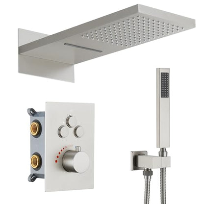 Thermostatic Shower System, Waterfall Shower Head(Brushed Nickel) | 22-Inch Rain & Waterfall Large Shower Head, High Pressure Handheld Sprayer, 3 Modes Push Button Valve - color: Brushed Nickel