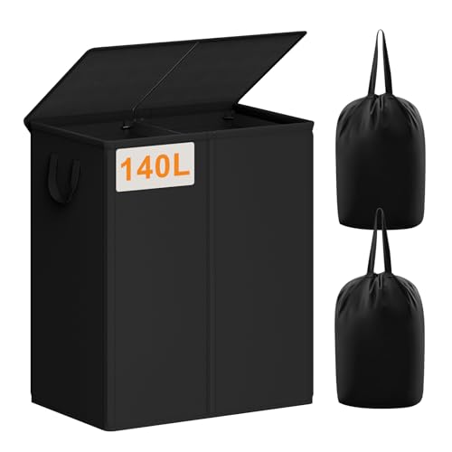 Chrislley Double Laundry Hamper with Lid, 140L Laundry Basket 2 Section | Large Dirty Clothes Hamper 2 Compartments with Removable Liner Bags & Handles, Collapsible Storage for Bedroom, Doom, Black - color: Black, size: 140l(24.0"l X 14.2"w X 25.2"h)
