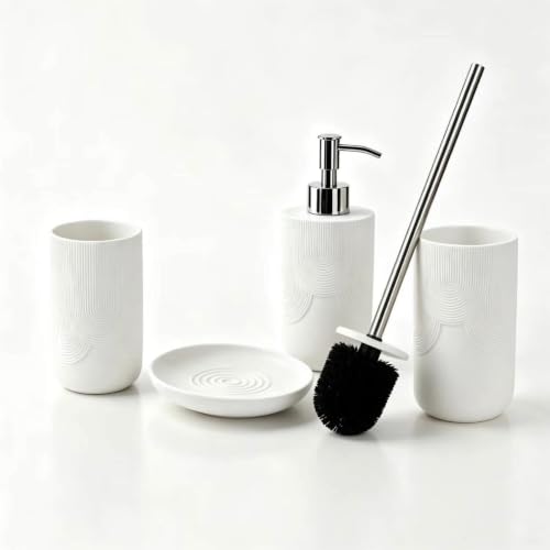 4 pcs Resin Bathroom Accessories Set,Luxury Ribbed Bathroom Decor Set | White bathroom accessory sets with Soap Dispenser, Toothbrush Tumbler, Soap Dish & Toilet Brush Holder, Easy-to-Clean Modern