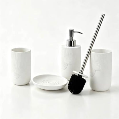 4 pcs Resin Bathroom Accessories Set,Luxury Ribbed Bathroom Decor Set | White bathroom accessory sets with Soap Dispenser, Toothbrush Tumbler, Soap Dish & Toilet Brush Holder, Easy-to-Clean Modern