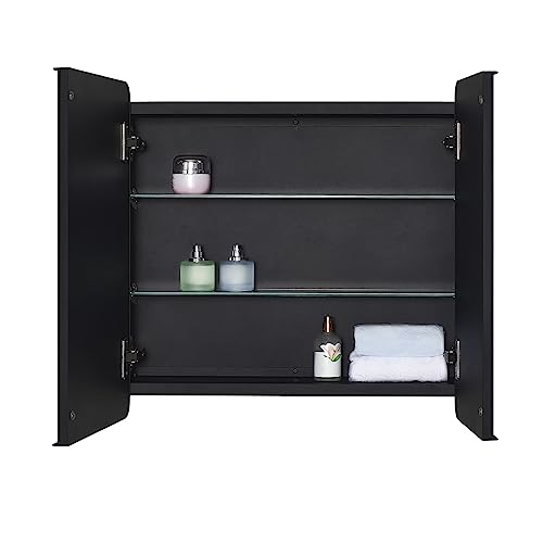 Black Bathroom Medicine Cabinet with Round Corner Framed Door and Beveled Edge Mirror 22 x 20 inch, Recessed or Surface Mount, with Adjustable Glass Shelves - size: 22 x 20 inch