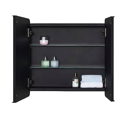 Black Bathroom Medicine Cabinet with Round Corner Framed Door and Beveled Edge Mirror 22 x 20 inch, Recessed or Surface Mount, with Adjustable Glass Shelves - size: 22 x 20 inch